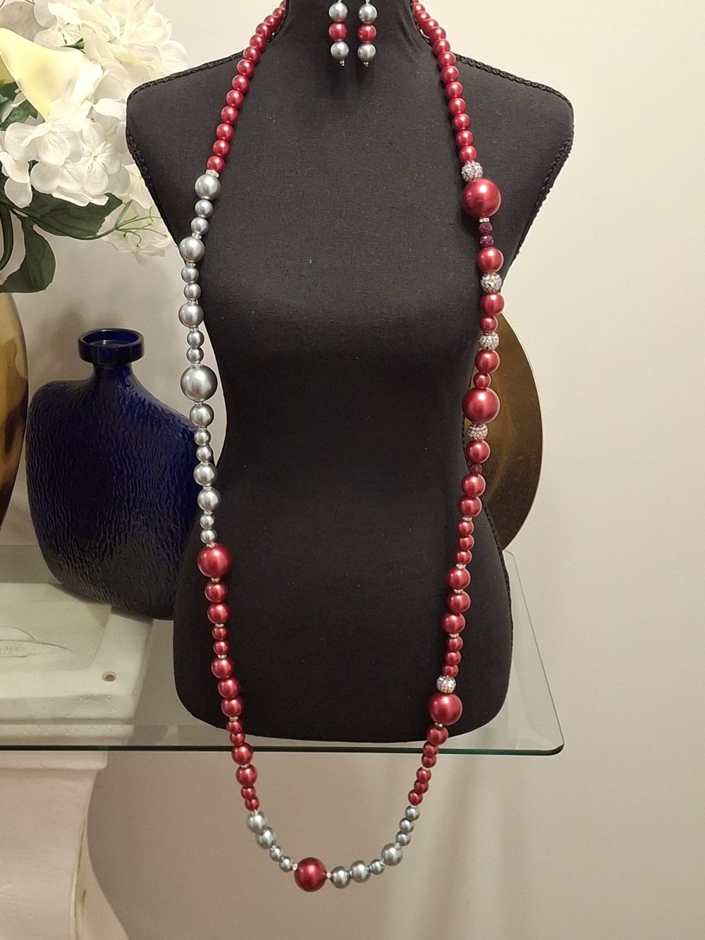 34" Burgundy and Silver Pearl-Style Long Necklace with Earrings
